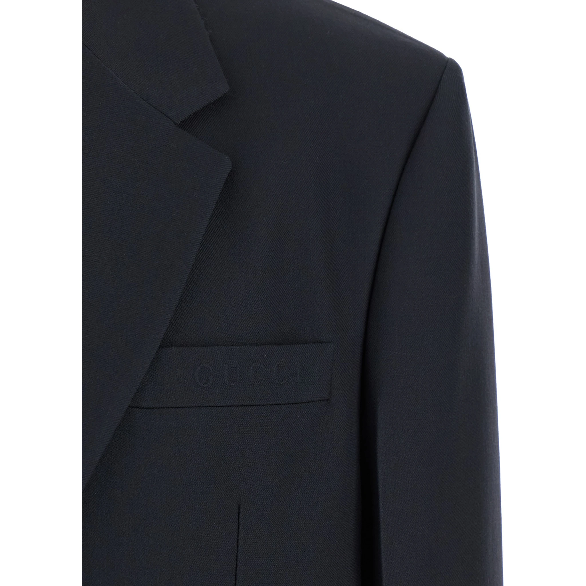 Dark Grey Jacket with Chest Pocket and Embossed Logo in Wool Gabardine Man