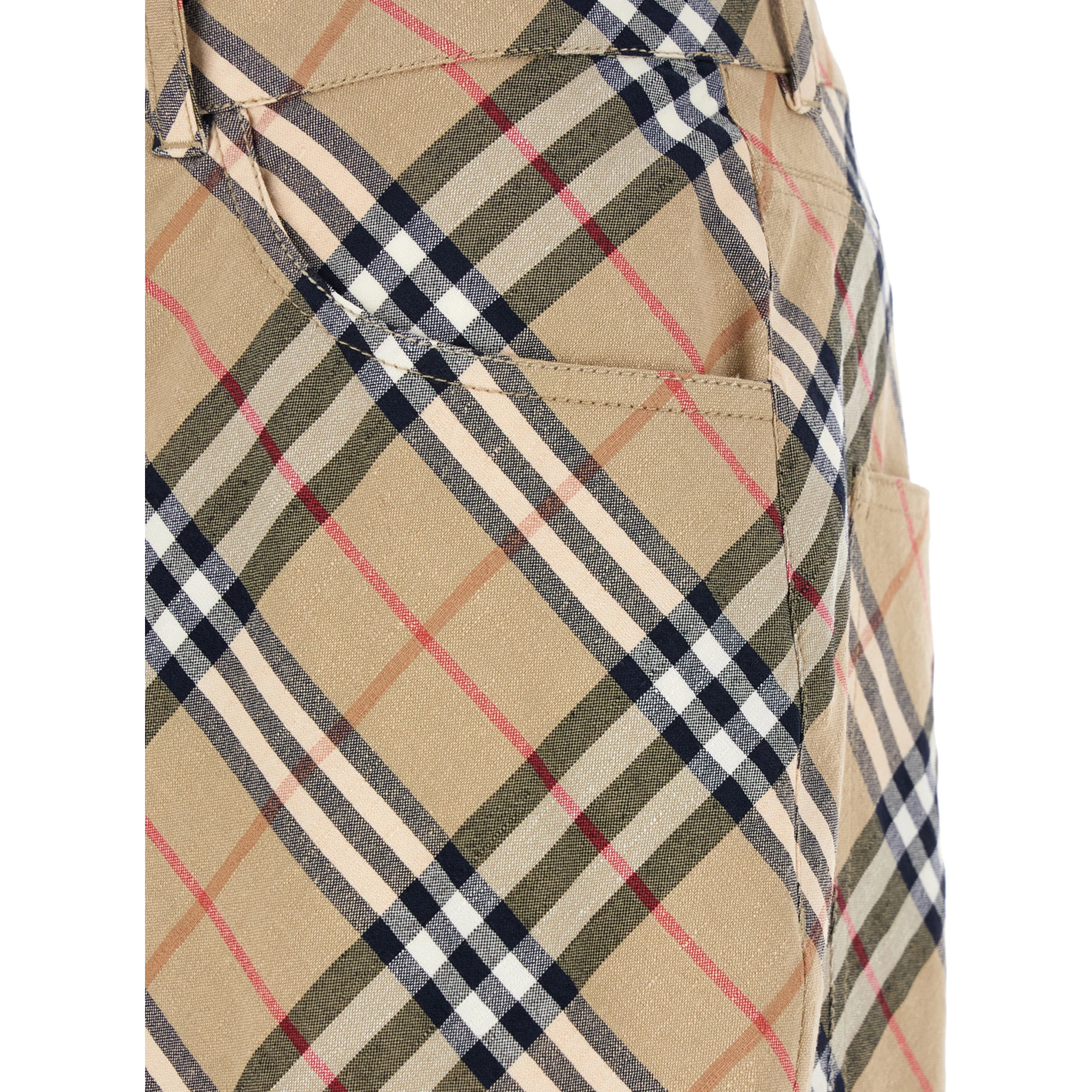 Beige Cargo Pants with Vintage Check Motif in Linen and Cotton Blend Man