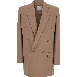 Beige Double Breasted Jacket with Classic Lapels in Silk Woman