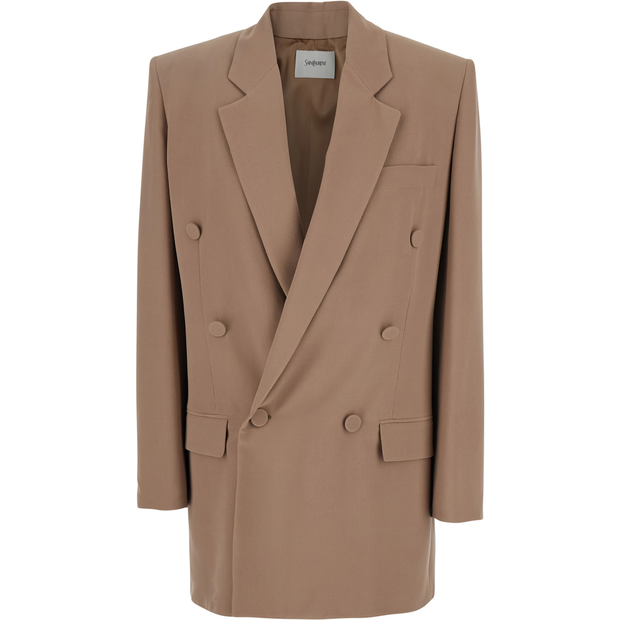 Beige Double Breasted Jacket with Classic Lapels in Silk Woman