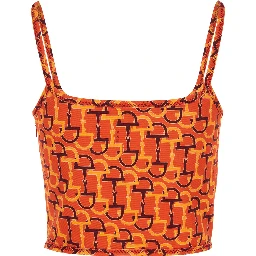 Orange Top with Spaghetti Straps and All-Over Horsebit Print in Cotton Woman