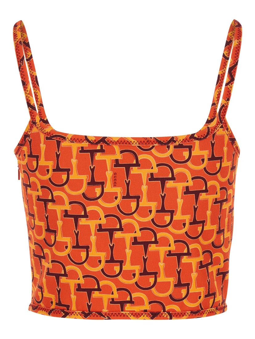 Orange Top with Spaghetti Straps and All-Over Horsebit Print in Cotton Woman