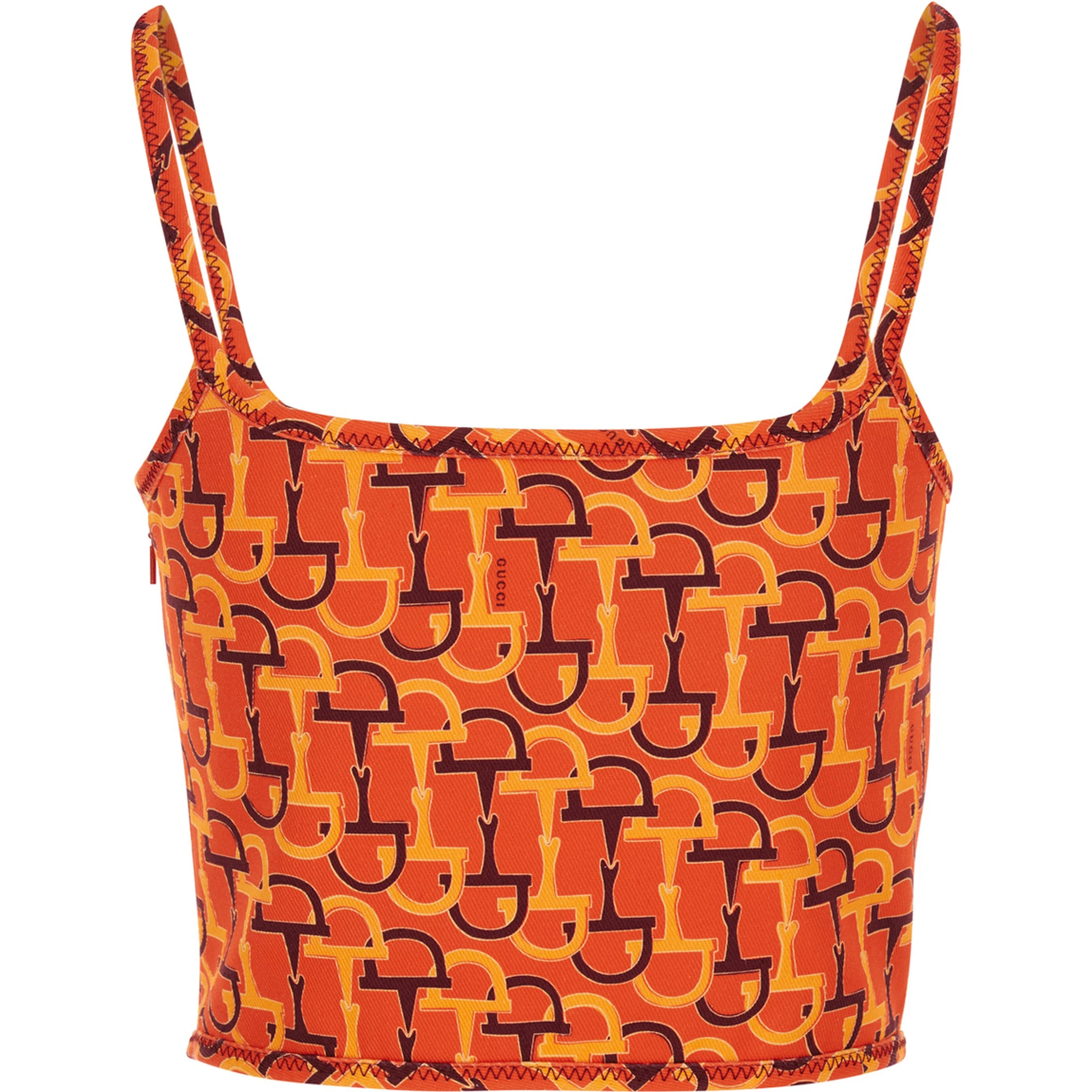 Orange Top with Spaghetti Straps and All-Over Horsebit Print in Cotton Woman