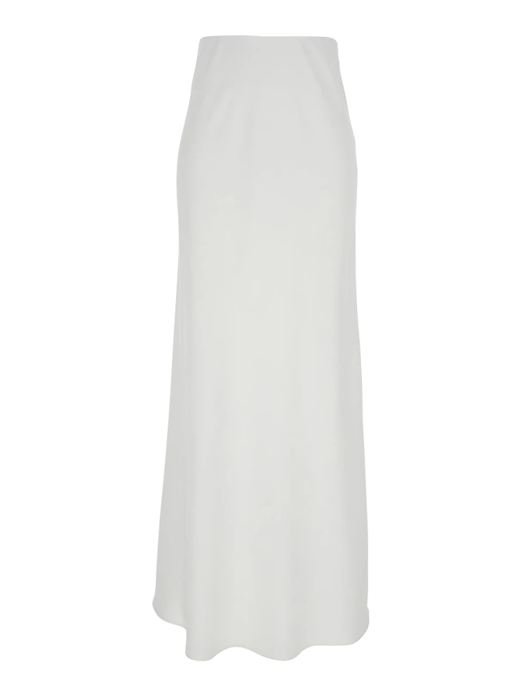 White Long Skirt with Ruffle Detail at the Bottom in Satin Woman