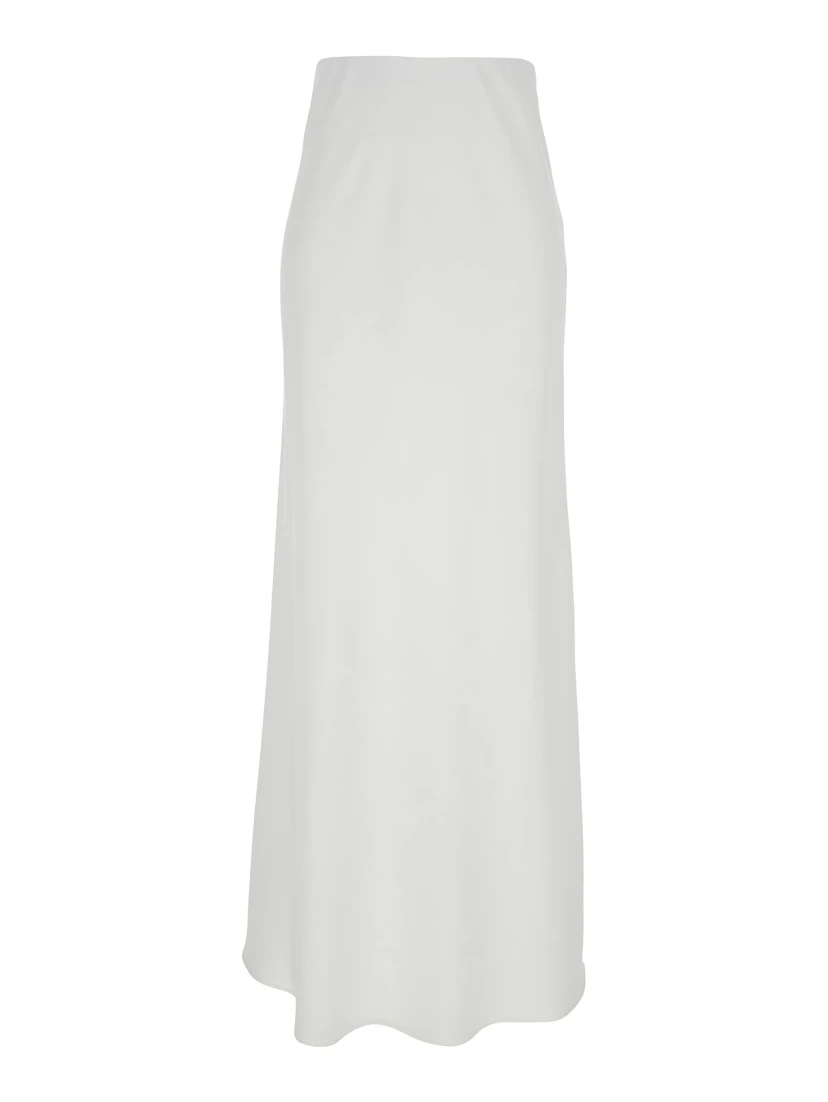 White Long Skirt with Ruffle Detail at the Bottom in Satin Woman
