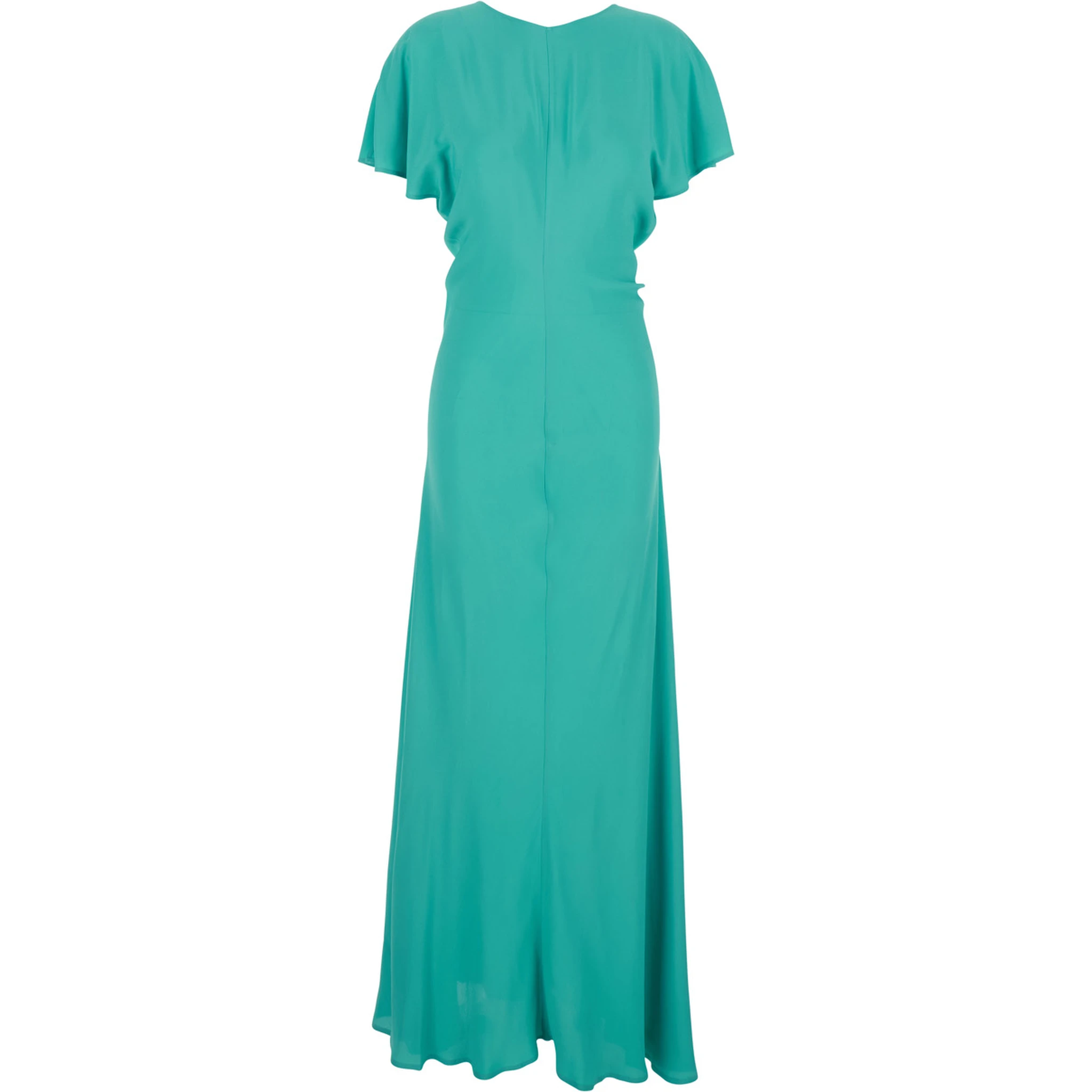 Blue Long Dress with V-Back Neckline and Tie Closure in Silk Blend Woman