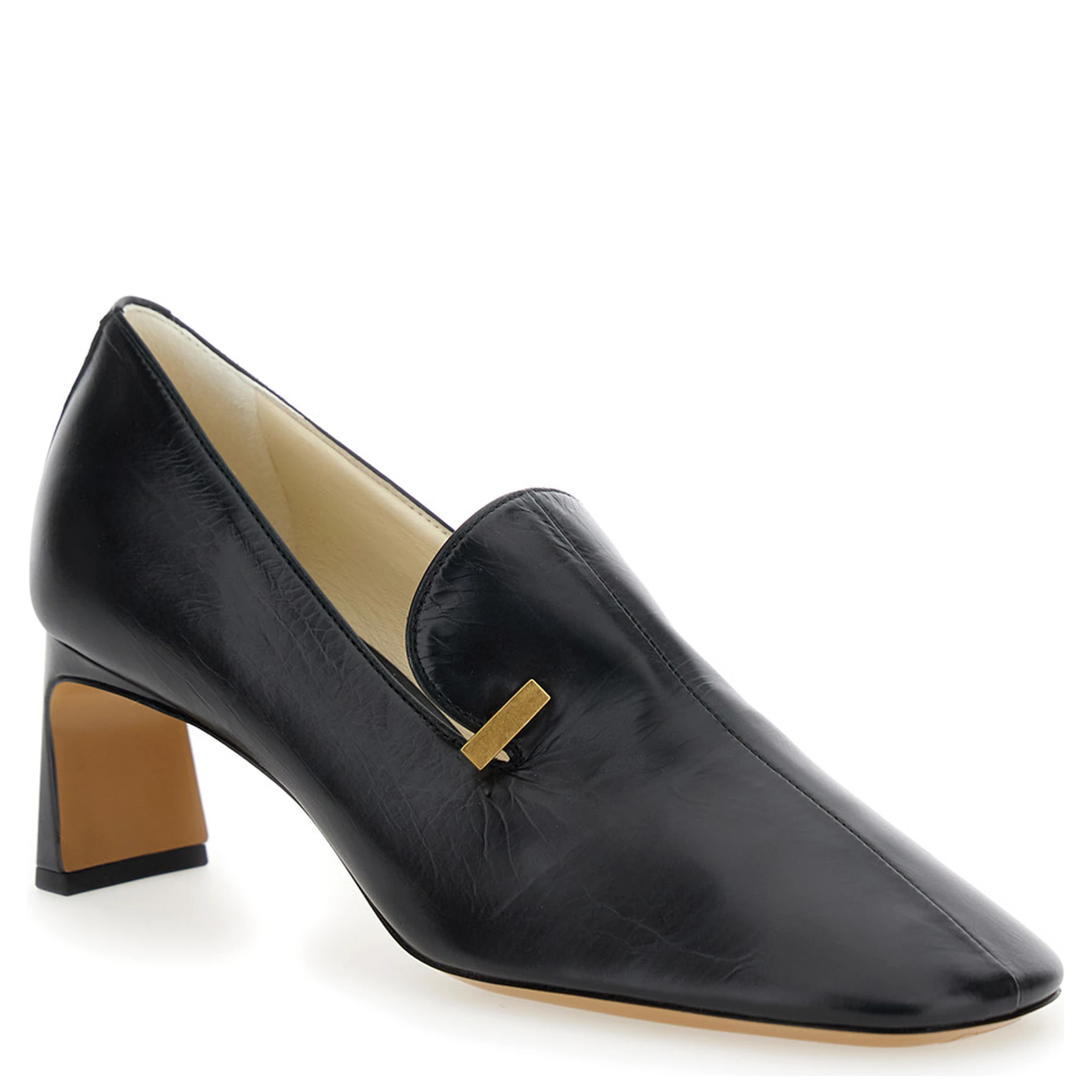 Black Pumps with Square Toe and Plaque Detail on the Front in Soft Leather Woman