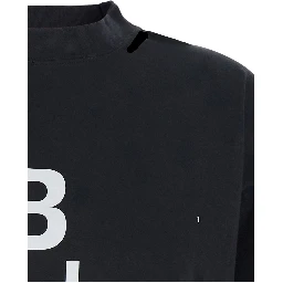 Black T-Shirt with Logo Printed on the Front and Torn Details in Cotton Woman