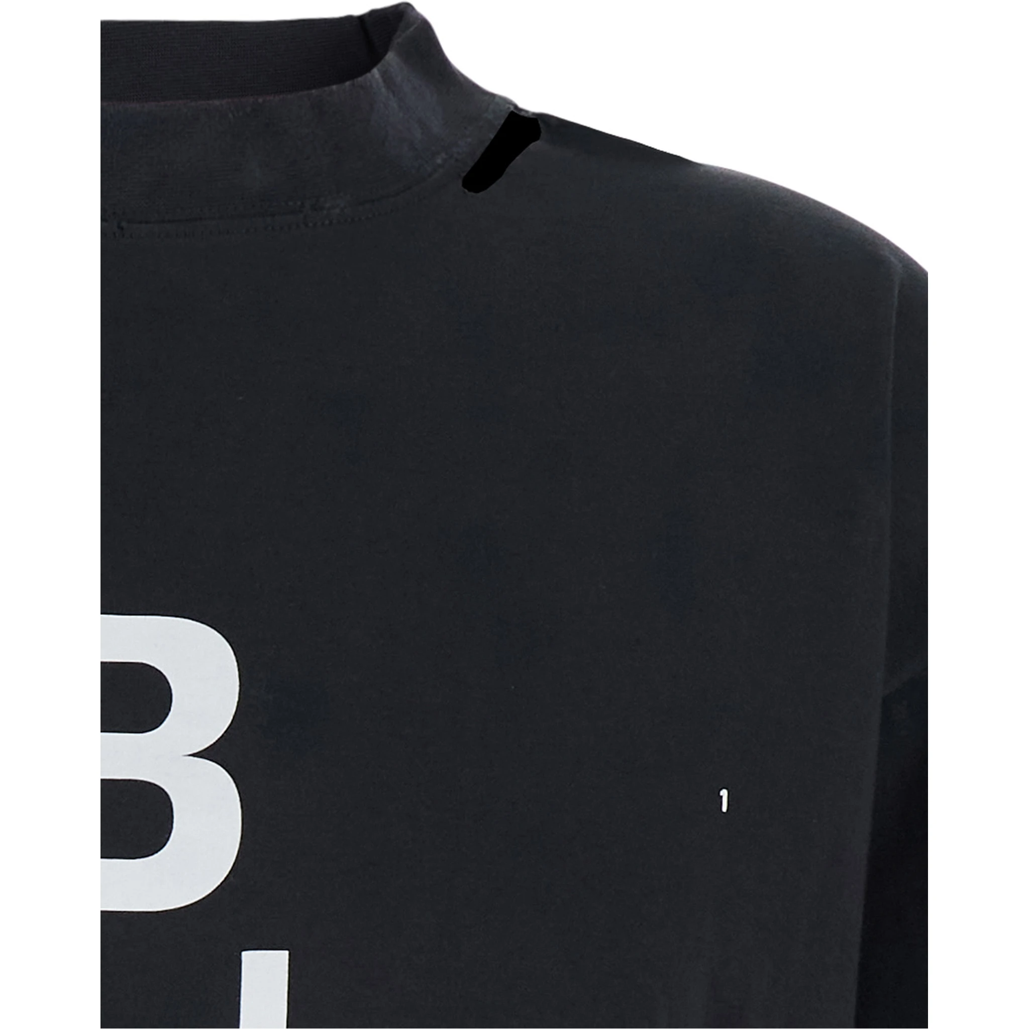 Black T-Shirt with Logo Printed on the Front and Torn Details in Cotton Woman