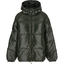 Sten Green Down Jacket with Drawstring Hood and Logo Patch in Technical Fabric Unisex