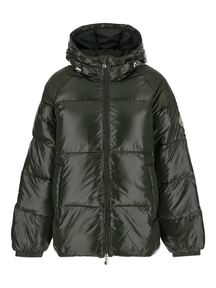 Sten Green Down Jacket with Drawstring Hood and Logo Patch in Technical Fabric Unisex