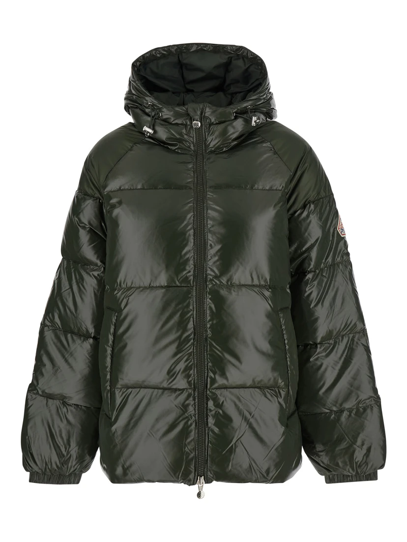 Sten Green Down Jacket with Drawstring Hood and Logo Patch in Technical Fabric Unisex