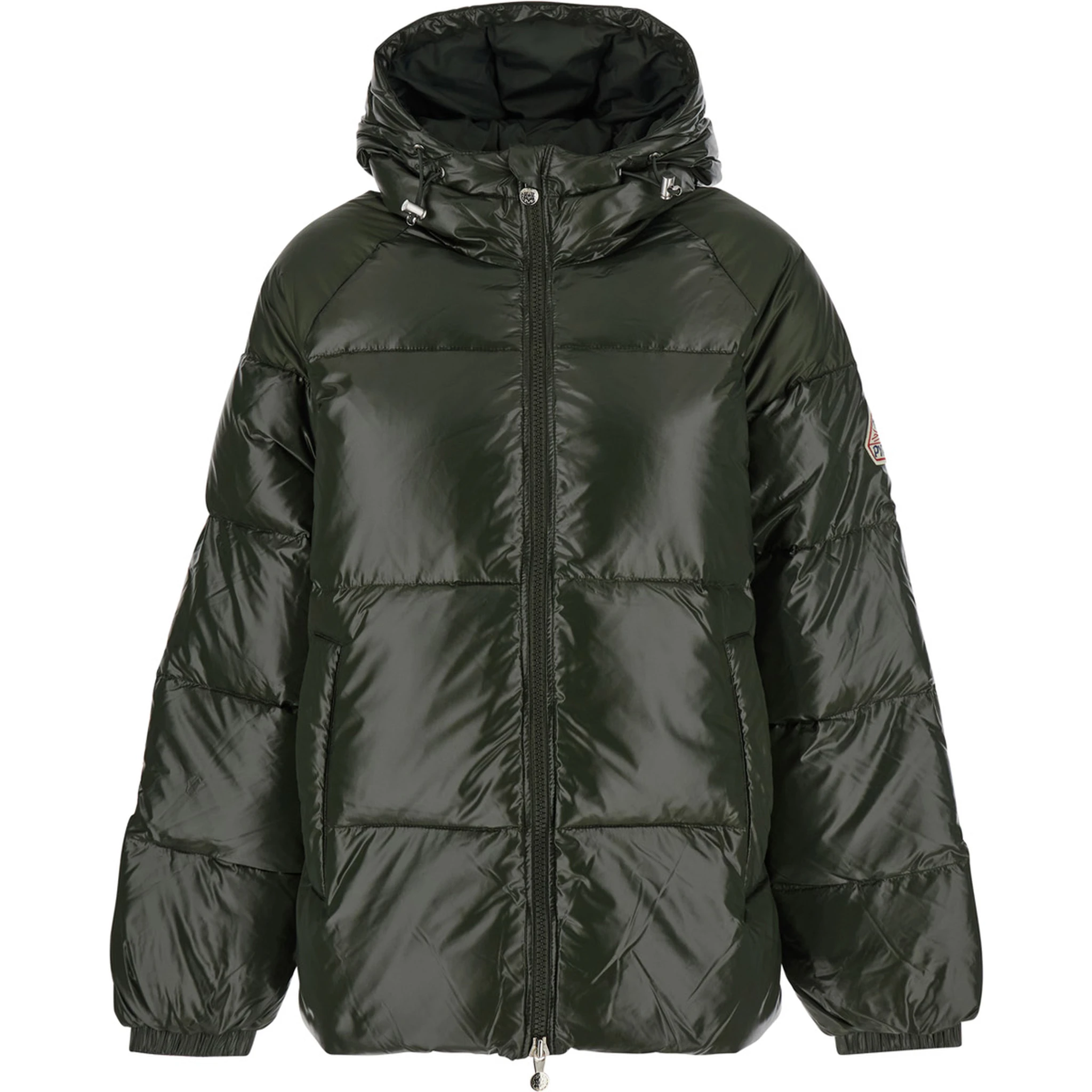 Sten Green Down Jacket with Drawstring Hood and Logo Patch in Technical Fabric Unisex