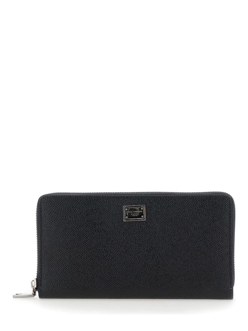 Black Wallet with Logo Plaque on the Front in Grained Leather Man