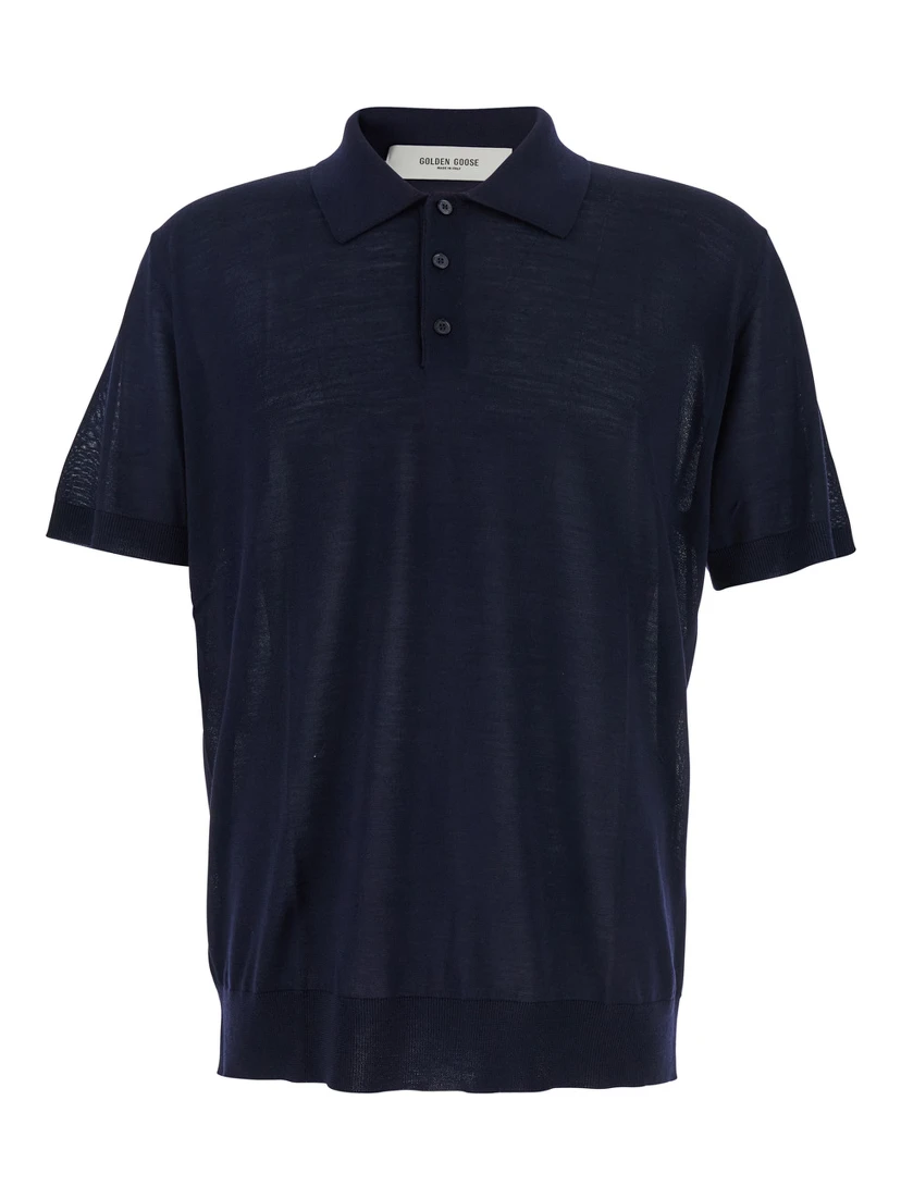 Blue Polo Shirt with Classic Collar and Short Sleeves in Wool Man