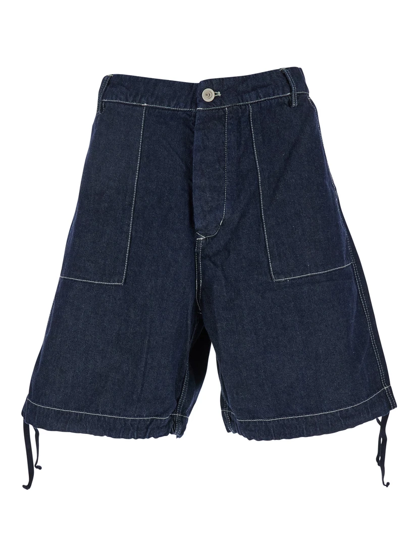 Dark Blue Shorts with Logo Patch on the Back in Denim Man