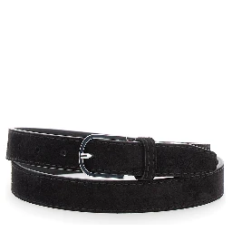 Brown Belt with Embossed Logo Detail and Adjustable Buckle in Suede Woman