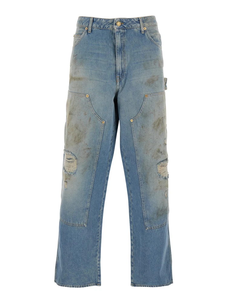 Light Blue Jeans with Ripped Details and Distressed Effect in Denim Man