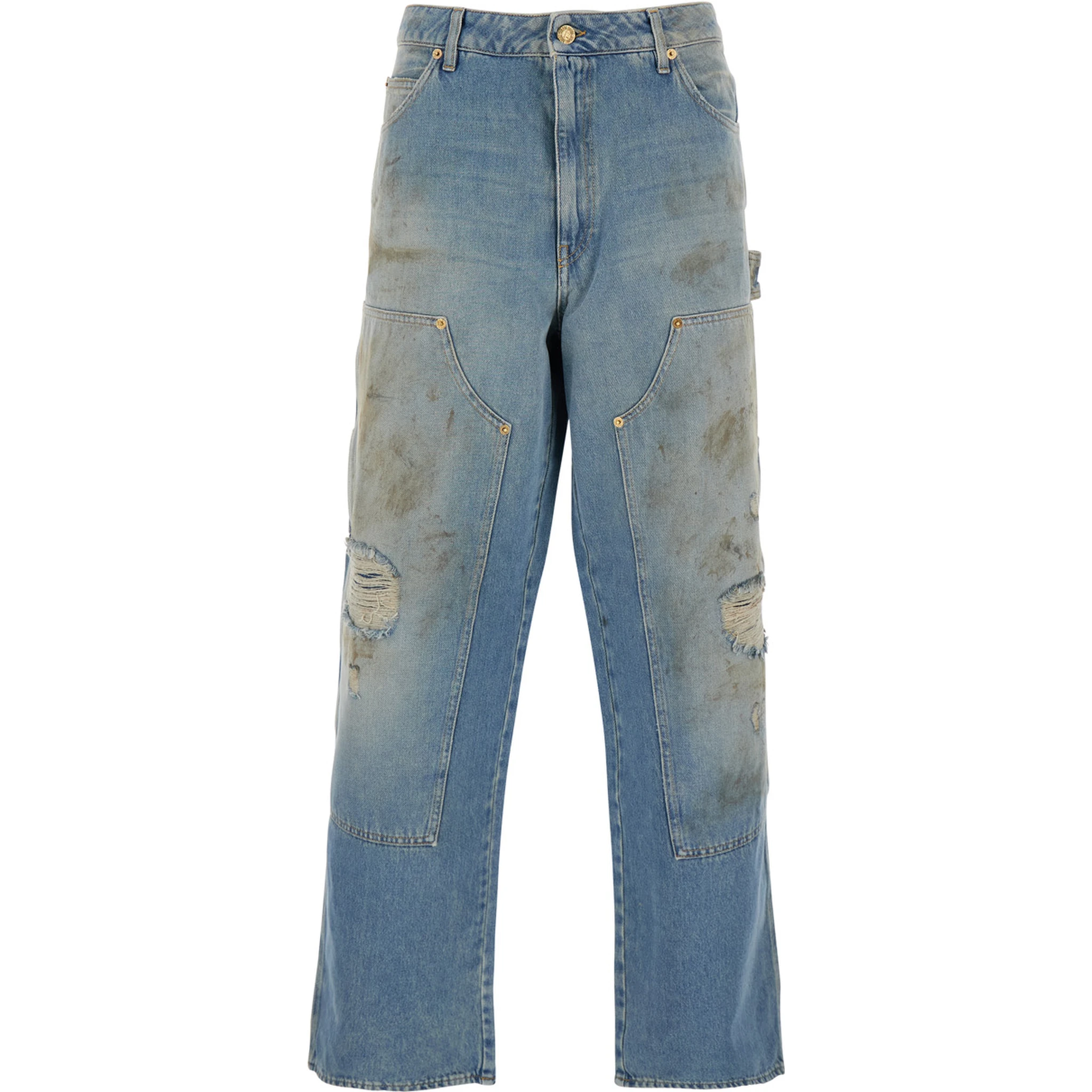Light Blue Jeans with Ripped Details and Distressed Effect in Denim Man