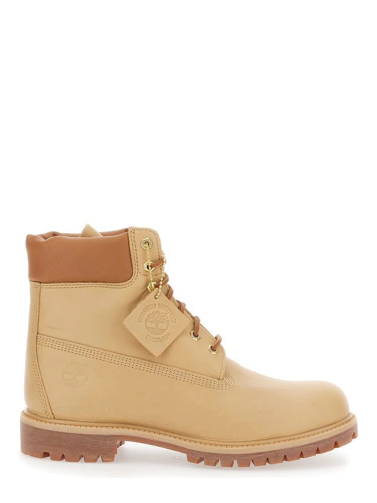 Beige Water-Proof Boots with Logo Plate in Leather Man