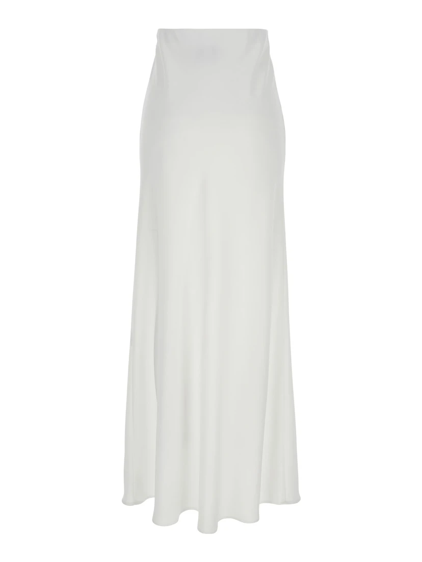 White Long Skirt with Ruffle Detail at the Bottom in Satin Woman