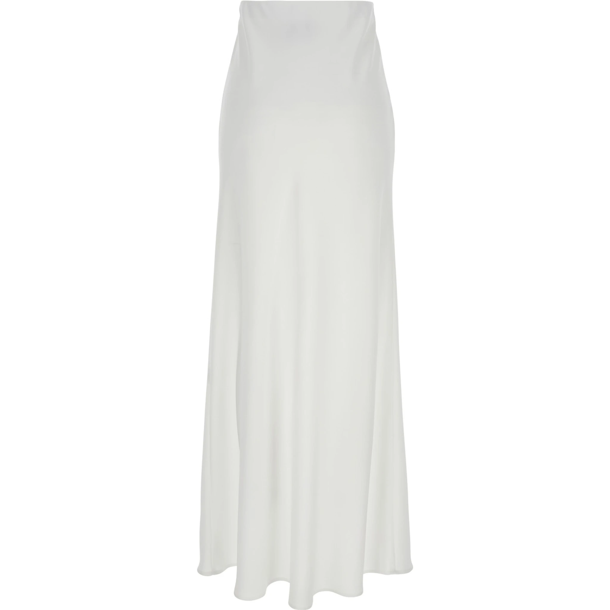 White Long Skirt with Ruffle Detail at the Bottom in Satin Woman