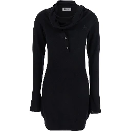 Black Mini Dress with Cowl Neck and Flared Sleeves in Wool and Cashmere Woman