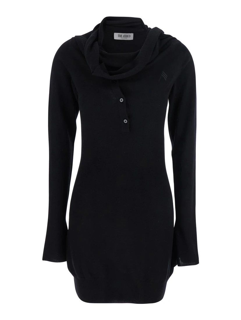 Black Mini Dress with Cowl Neck and Flared Sleeves in Wool and Cashmere Woman