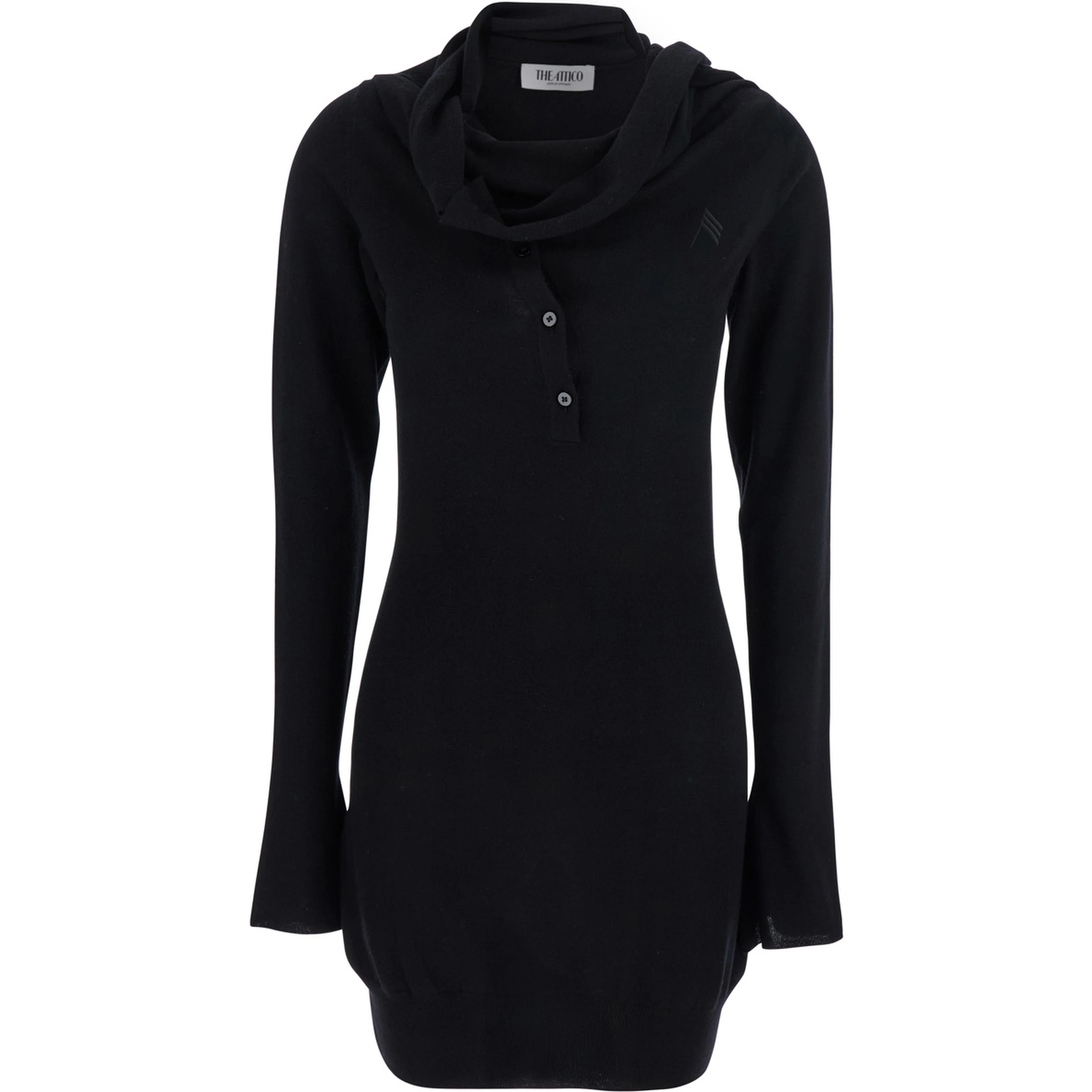 Black Mini Dress with Cowl Neck and Flared Sleeves in Wool and Cashmere Woman