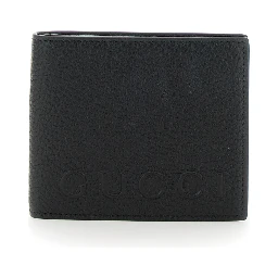 Black Bi-Fold Wallet with Embossed Logo Lettering on the Front in Grained Leather Man