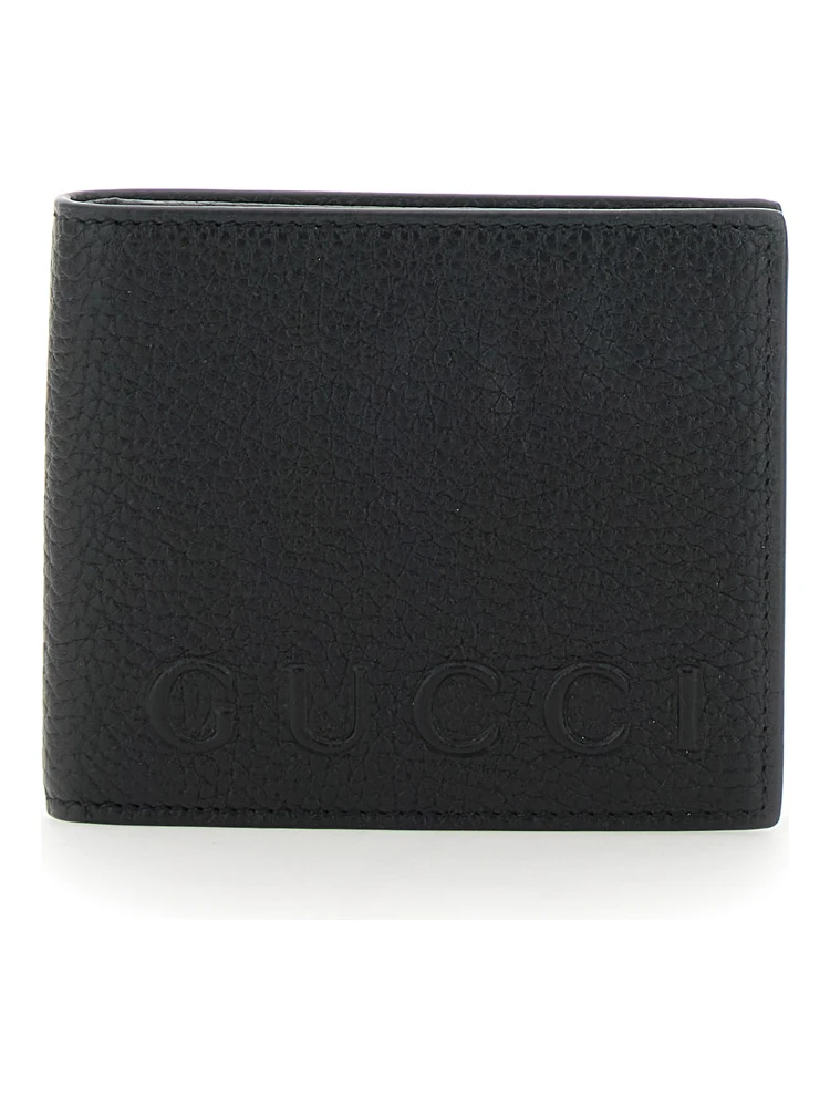 Black Bi-Fold Wallet with Embossed Logo Lettering on the Front in Grained Leather Man