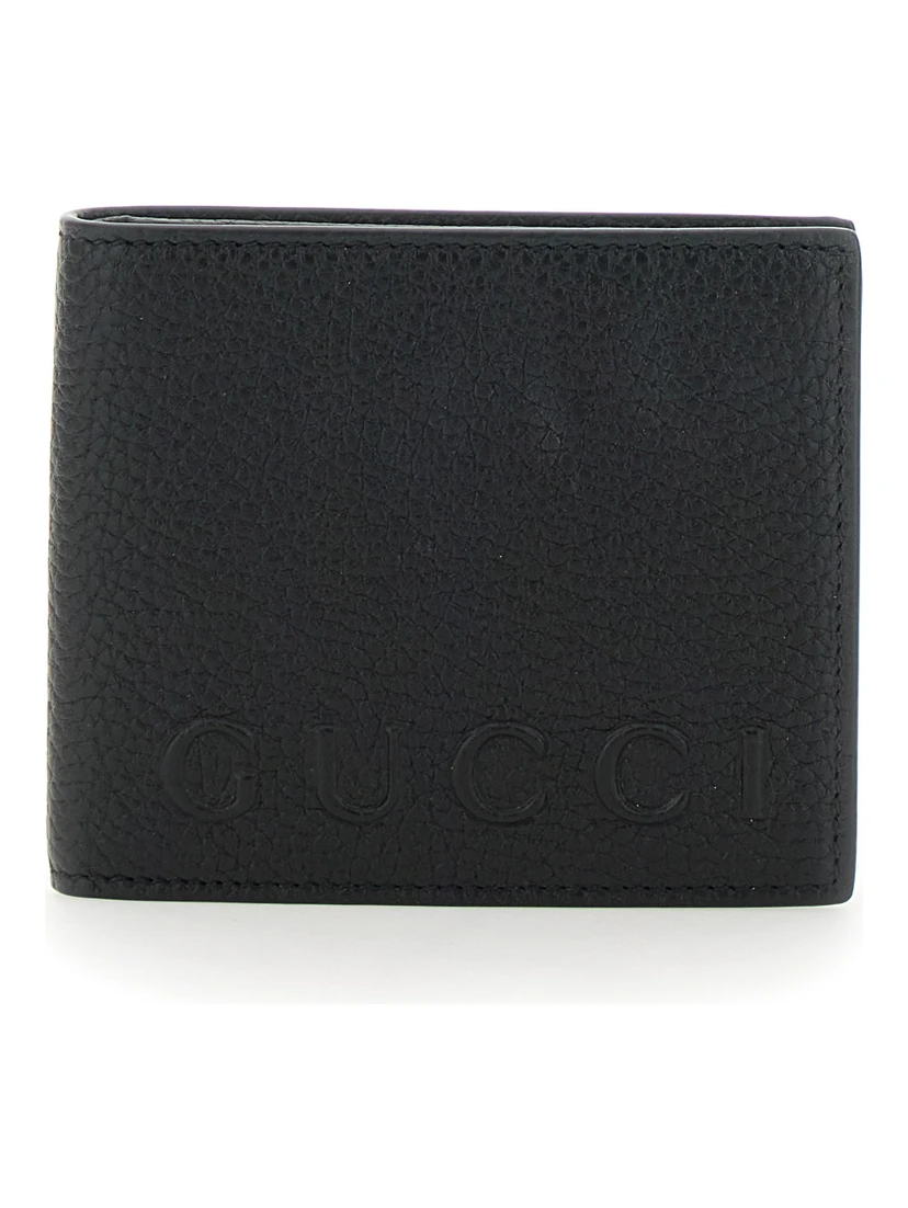 Black Bi-Fold Wallet with Embossed Logo Lettering on the Front in Grained Leather Man