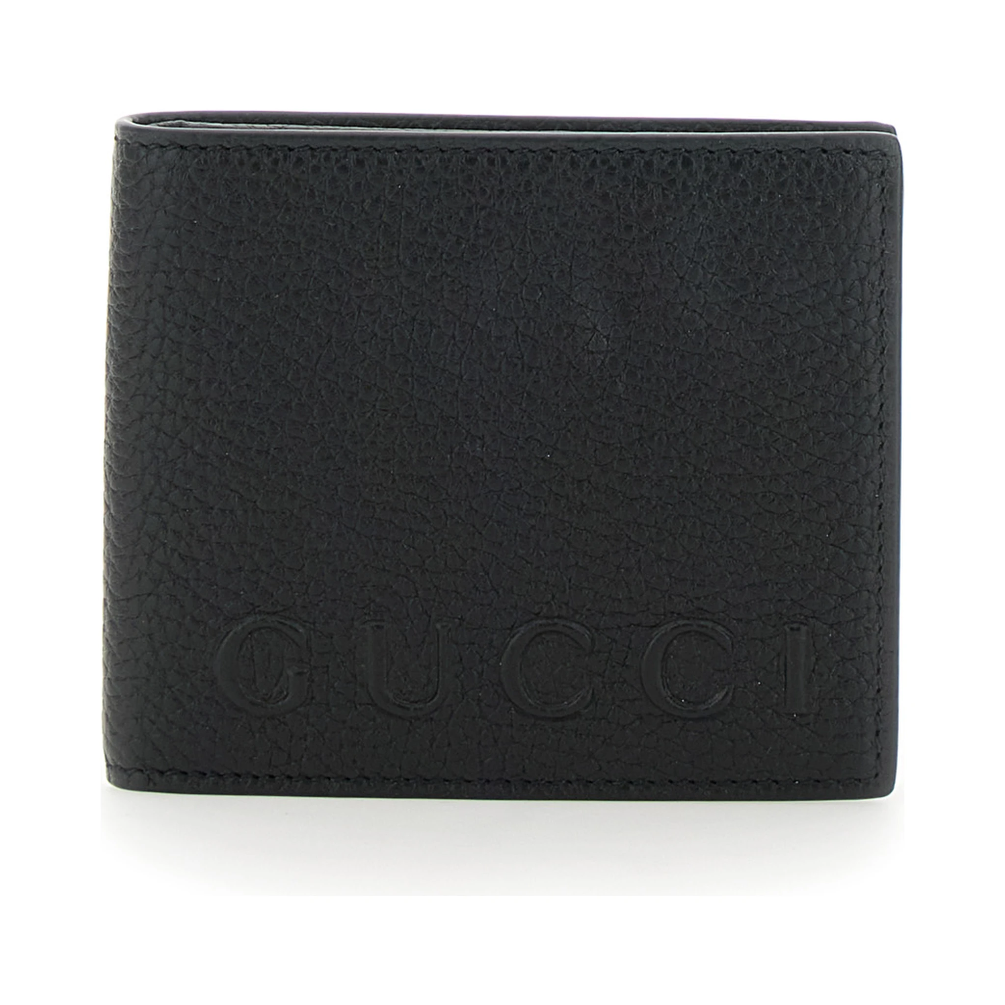 Black Bi-Fold Wallet with Embossed Logo Lettering on the Front in Grained Leather Man
