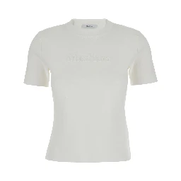 Adelio White Crewneck T-Shirt with Tonal Logo Lettering Embroidery on the Front in Viscose Blend Woman