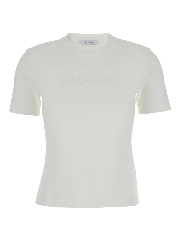 Adelio White Crewneck T-Shirt with Tonal Logo Lettering Embroidery on the Front in Viscose Blend Woman