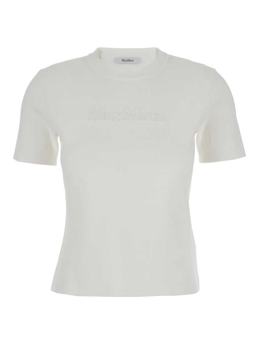 Adelio White Crewneck T-Shirt with Tonal Logo Lettering Embroidery on the Front in Viscose Blend Woman