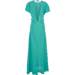 Blue Long Dress with V-Back Neckline and Tie Closure in Silk Blend Woman