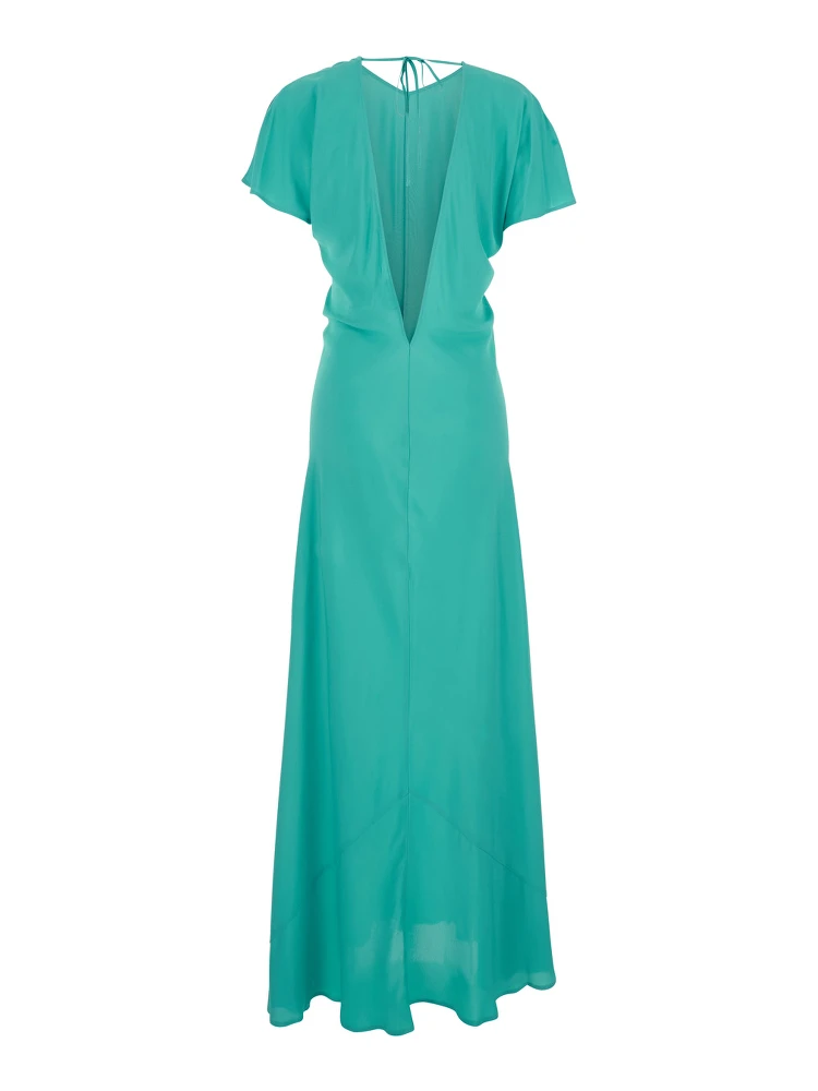 Blue Long Dress with V-Back Neckline and Tie Closure in Silk Blend Woman alternative