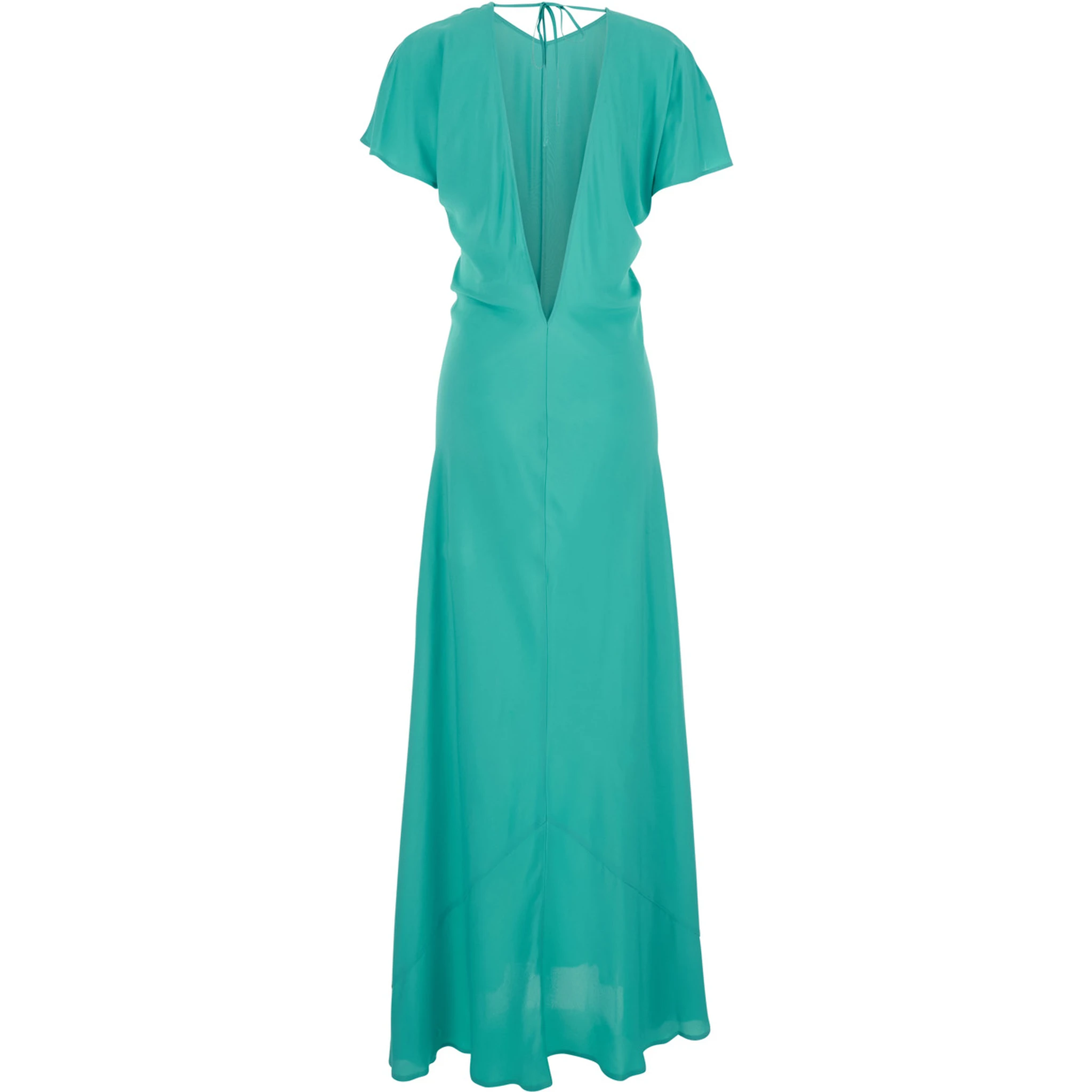 Blue Long Dress with V-Back Neckline and Tie Closure in Silk Blend Woman