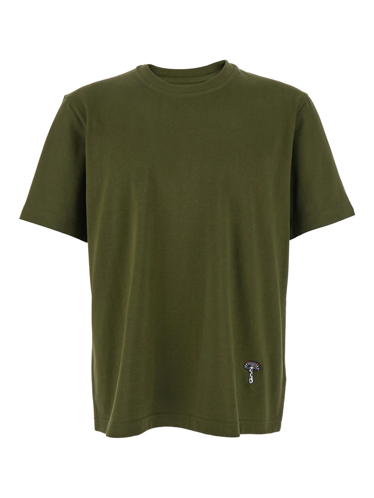 Green Crewneck T-Shirt with Mushroom Embroidery on the Front in Cotton Man