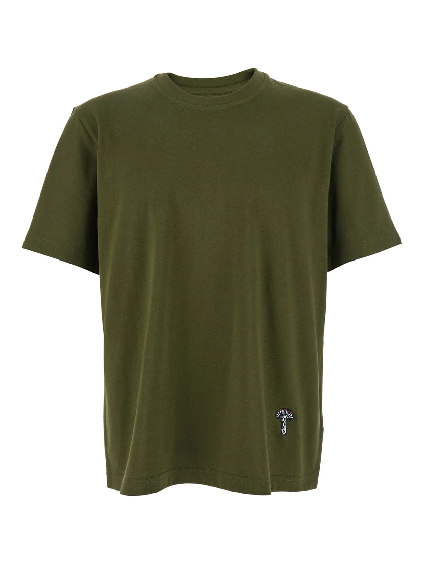 Green Crewneck T-Shirt with Mushroom Embroidery on the Front in Cotton Man