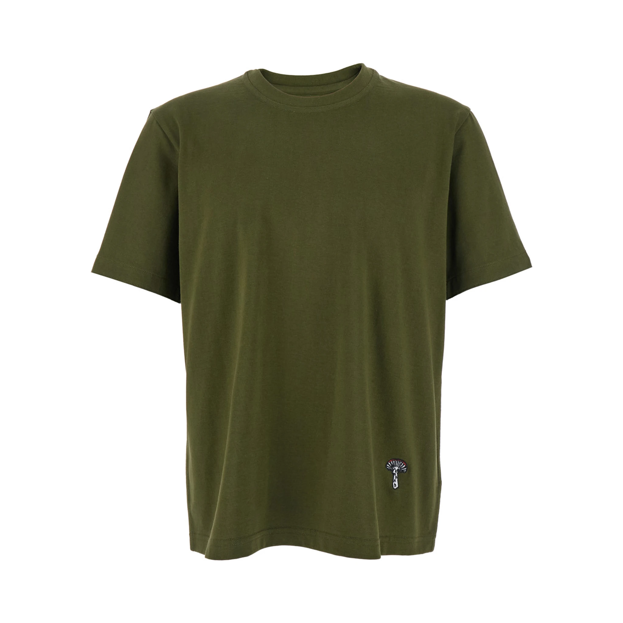 Green Crewneck T-Shirt with Mushroom Embroidery on the Front in Cotton Man