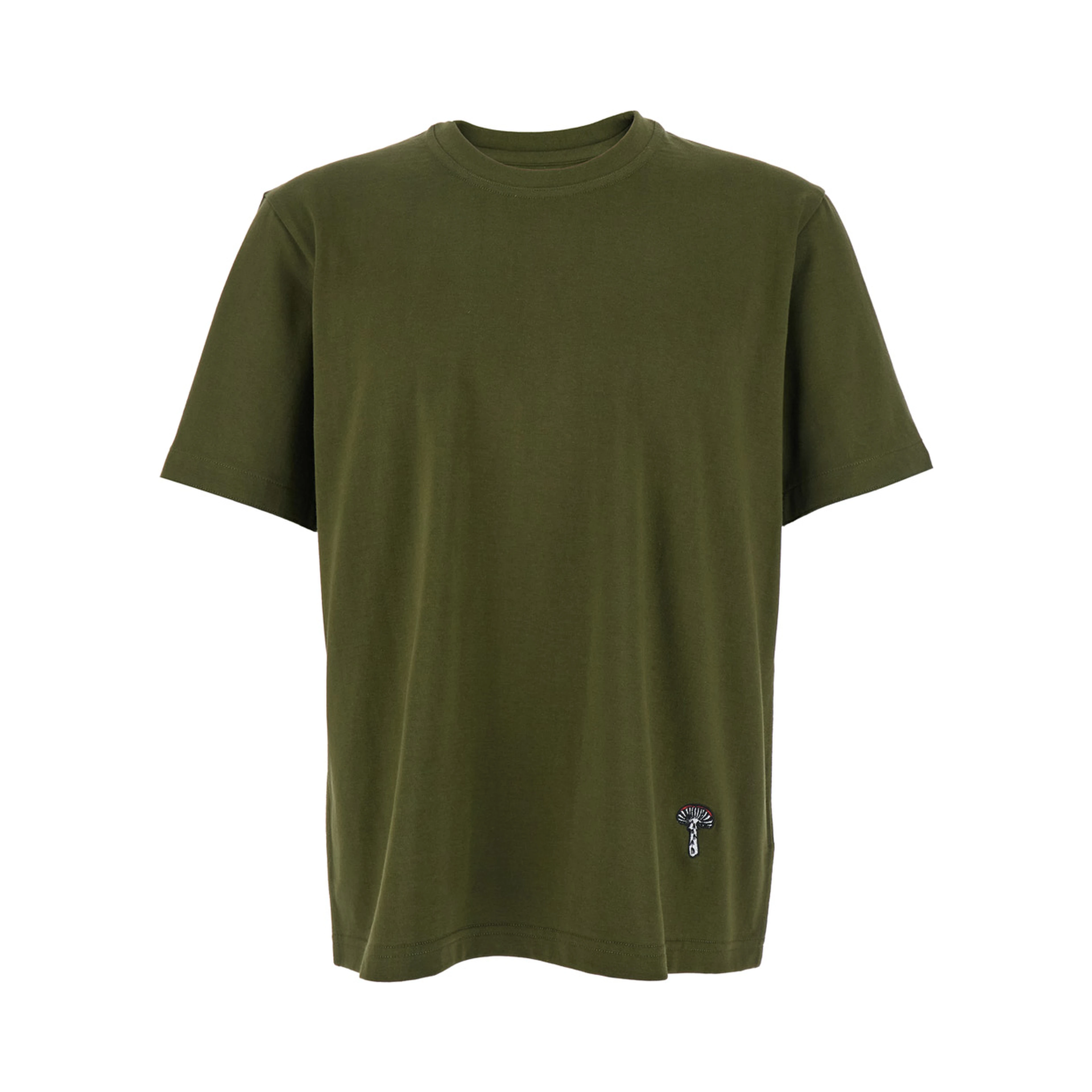 Green Crewneck T-Shirt with Mushroom Embroidery on the Front in Cotton Man