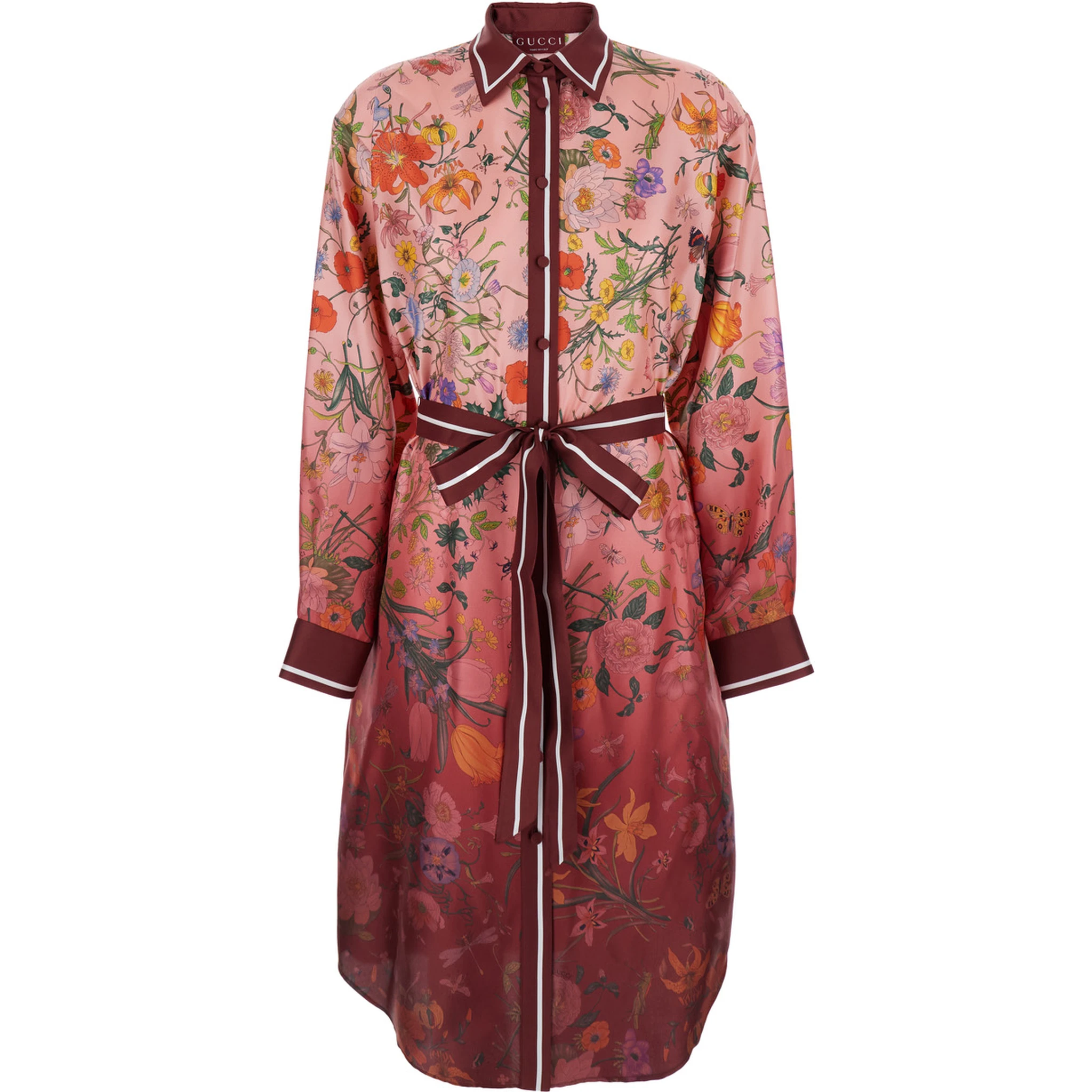 Bordeaux Gradient Dress with Removable Belt  and All-Over Flora Print in Silk Woman