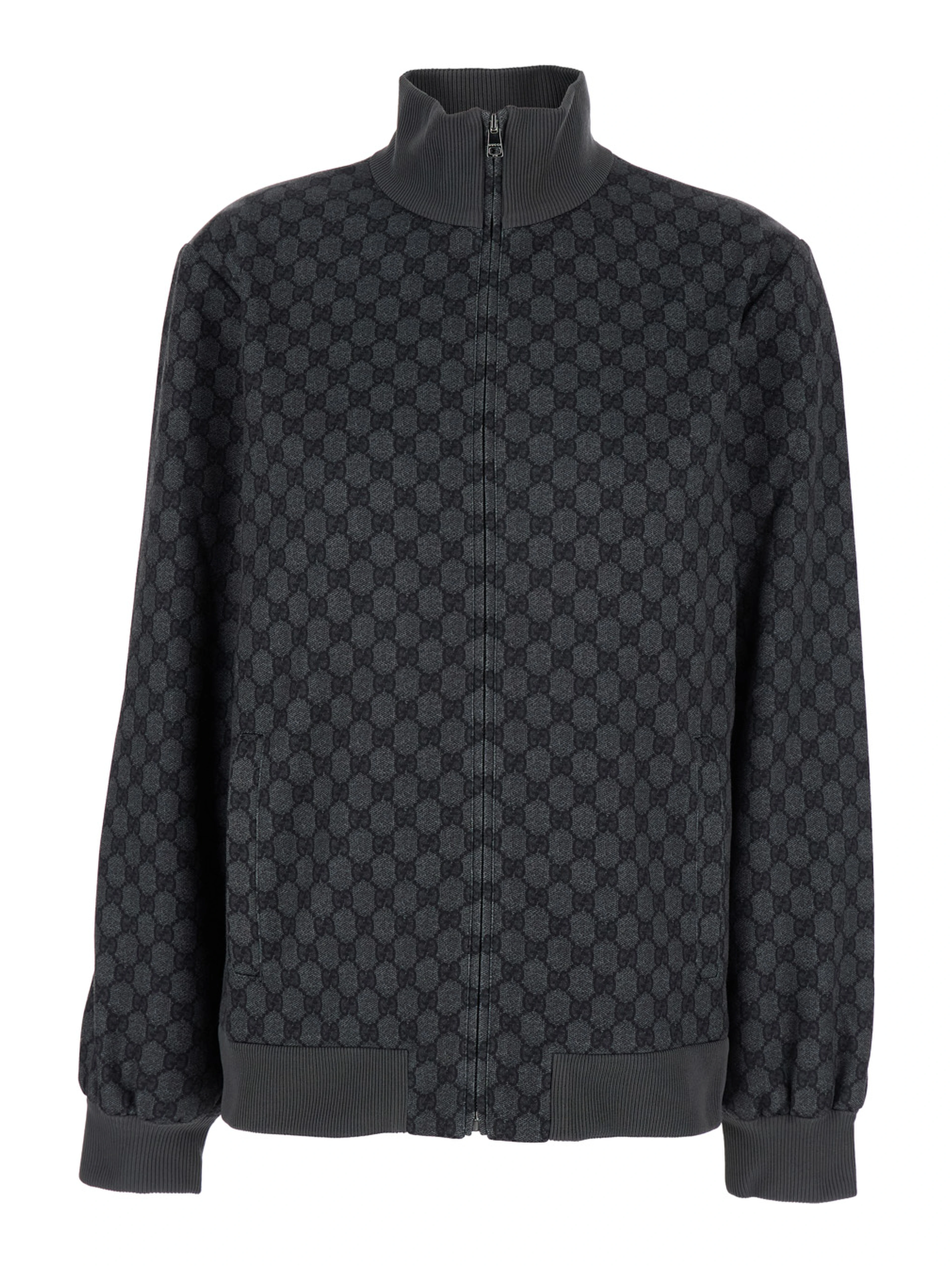 Grey Sweatshirt with High Neck and All-Over GG Print in Tech Fabric Woman