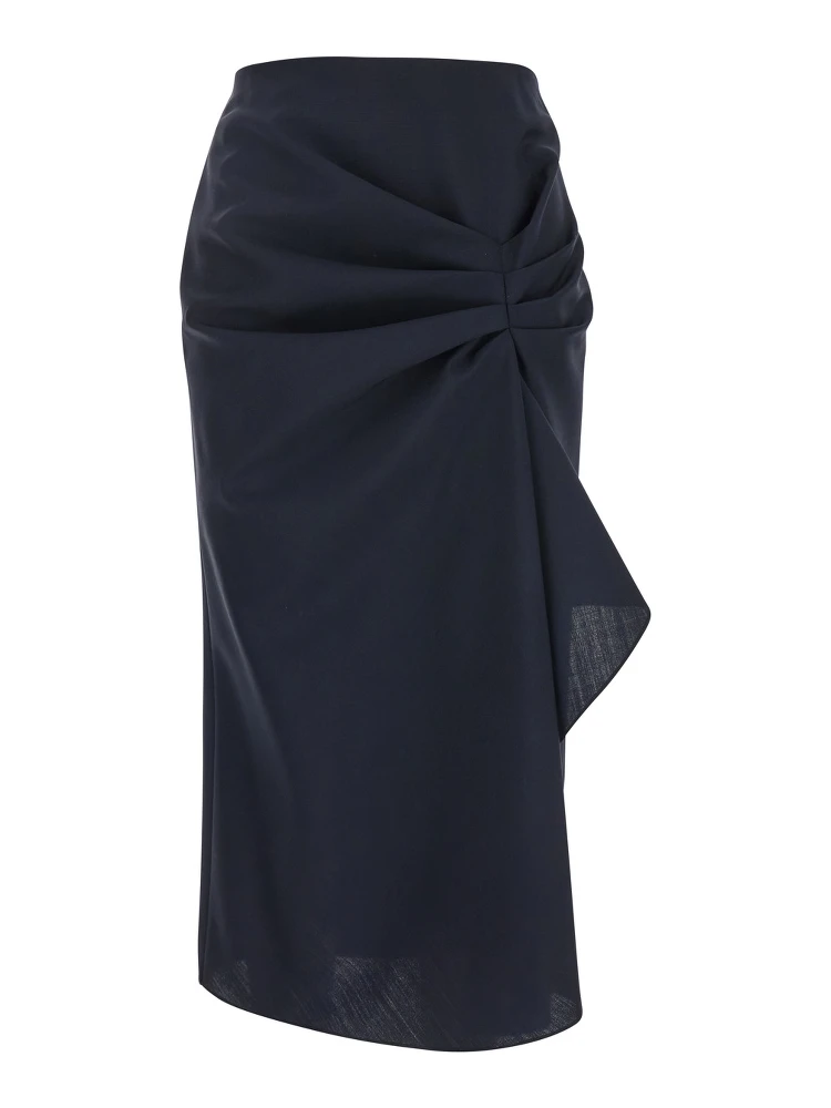 Blue Skirt with Asymmetric Design and Front Seam with Pleats in Wool and Mohair Blend Woman