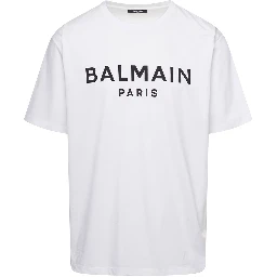 White Crewneck T-Shirt with Contrasting Logo Lettering Print in Cotton Man