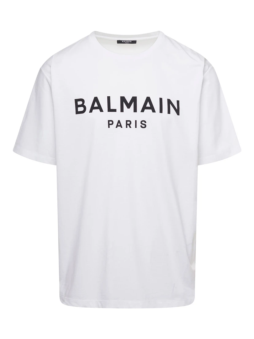 White Crewneck T-Shirt with Contrasting Logo Lettering Print in Cotton Man