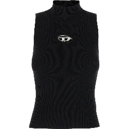 Black Tank Top with D Logo Cut-Out in Ribbed Jersey Woman