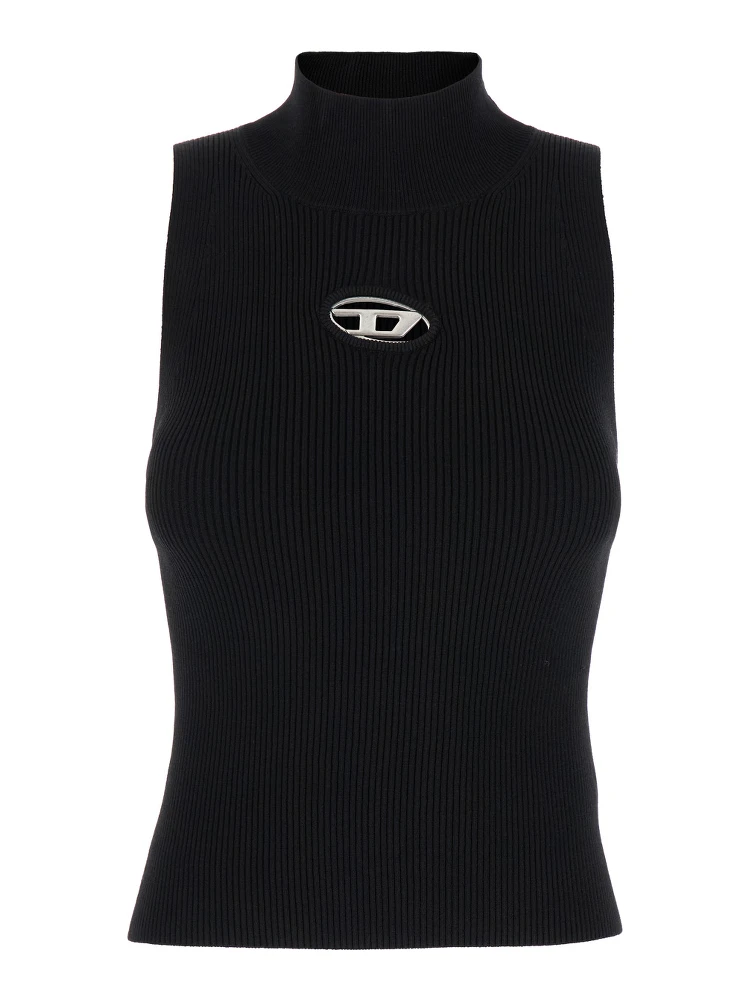 Black Tank Top with D Logo Cut-Out in Ribbed Jersey Woman